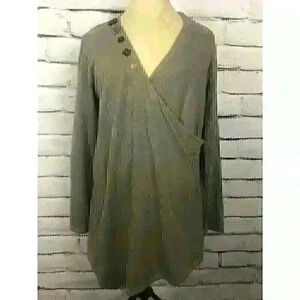 Soft Surroundings Faux Wrap Green V-Neck Beaded Buttons Size M Tunic
